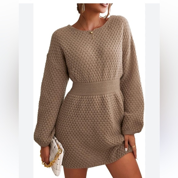 Womens Textured Knit Pullover Sweater Dress Long Sleeve Banded Waist - Picture 1 of 8